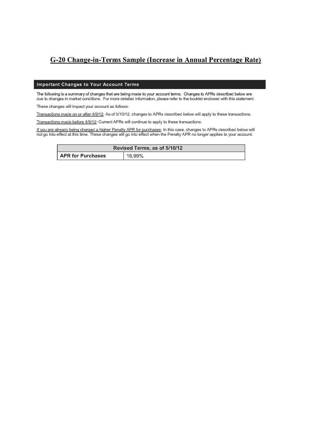 G-20 Change-in-Terms Sample (Increase in Annual Percentage Rate)