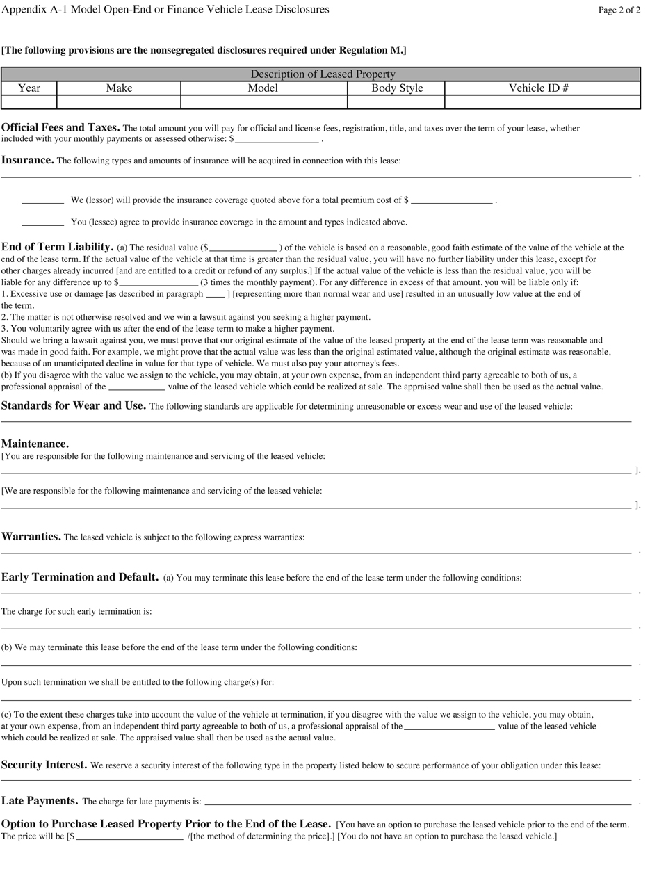 A-1—Model Open-End or Finance Vehicle Lease Disclosures Page 2