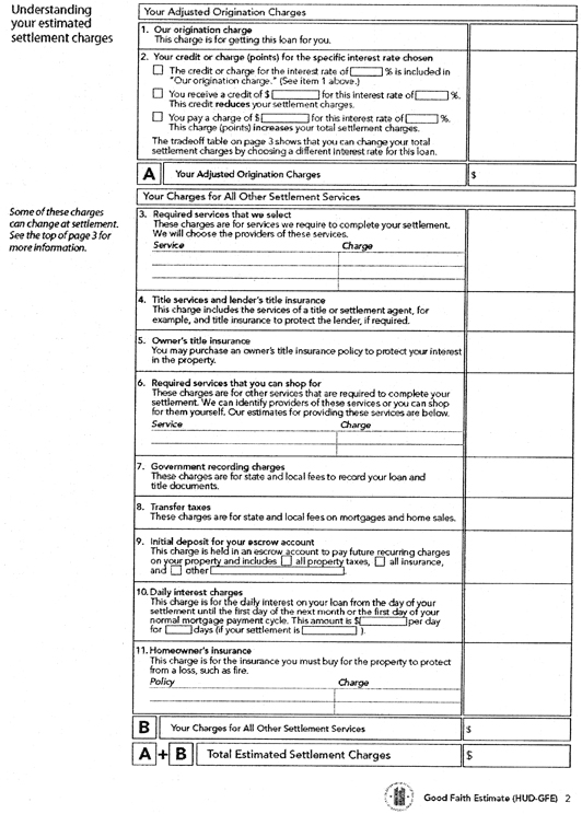 Good Faith Estimate (GFE) Form continued