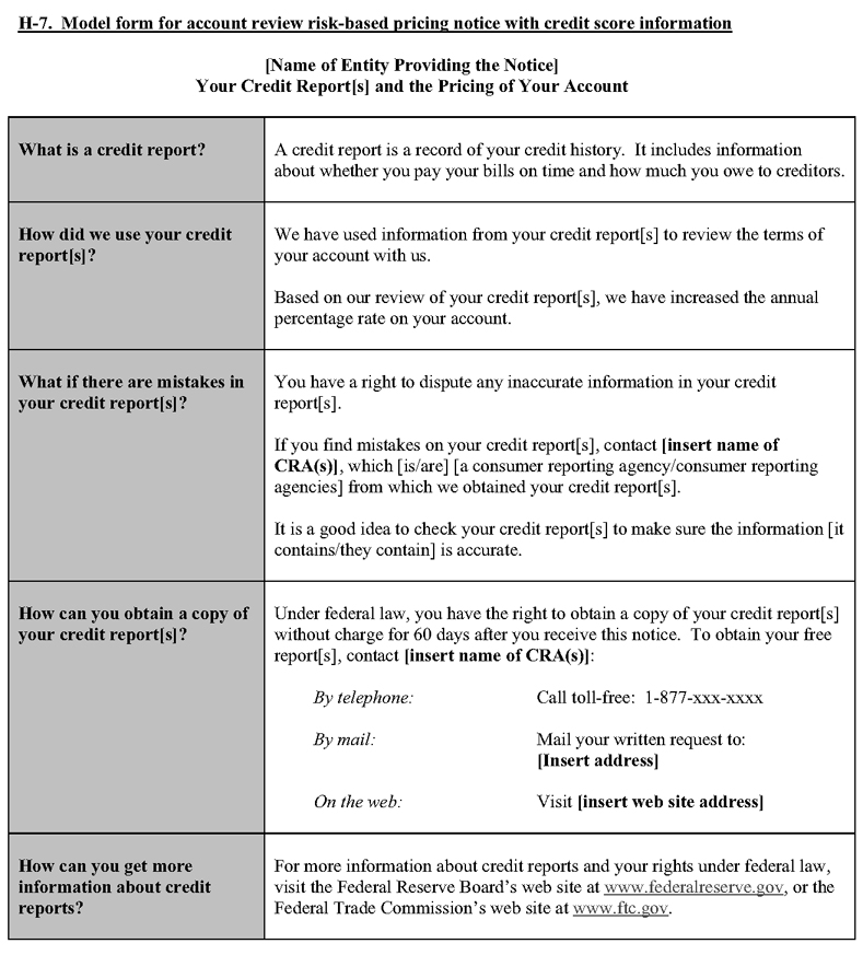 H-7. Model form for account review risk-based pricing notice with credit score information