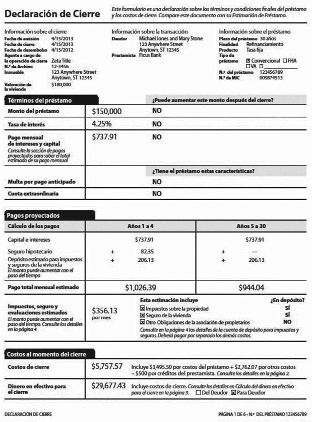 H-28(H)—Mortgage Loan Transaction Closing Disclosure—Spanish Language Refinance Sample