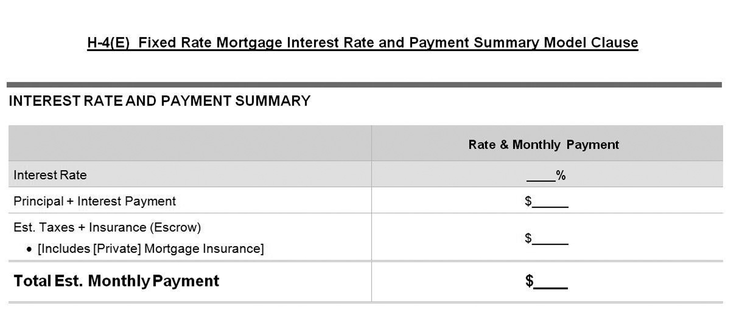 H-4(E) Fixed Rate Mortgage Interest Rate and Payment Summary Model Clause