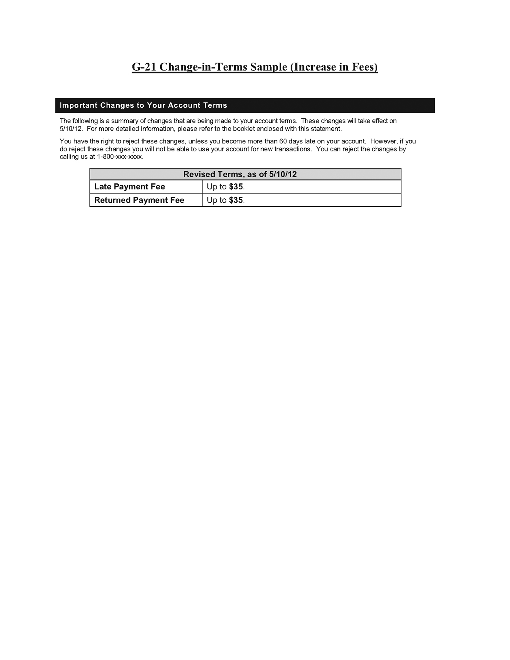 G-21—Change-in-Terms Sample (Increase in Fees)