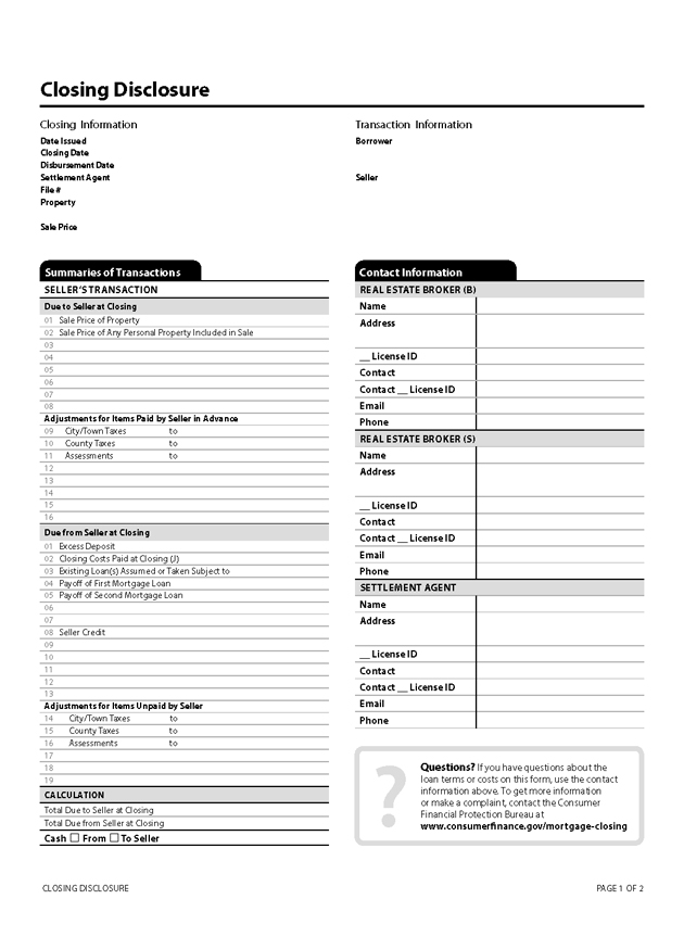 H-25(I)—Mortgage Loan Transaction Closing Disclosure—Modification to Closing Disclosure for Disclosure Provided to Seller—Model Form