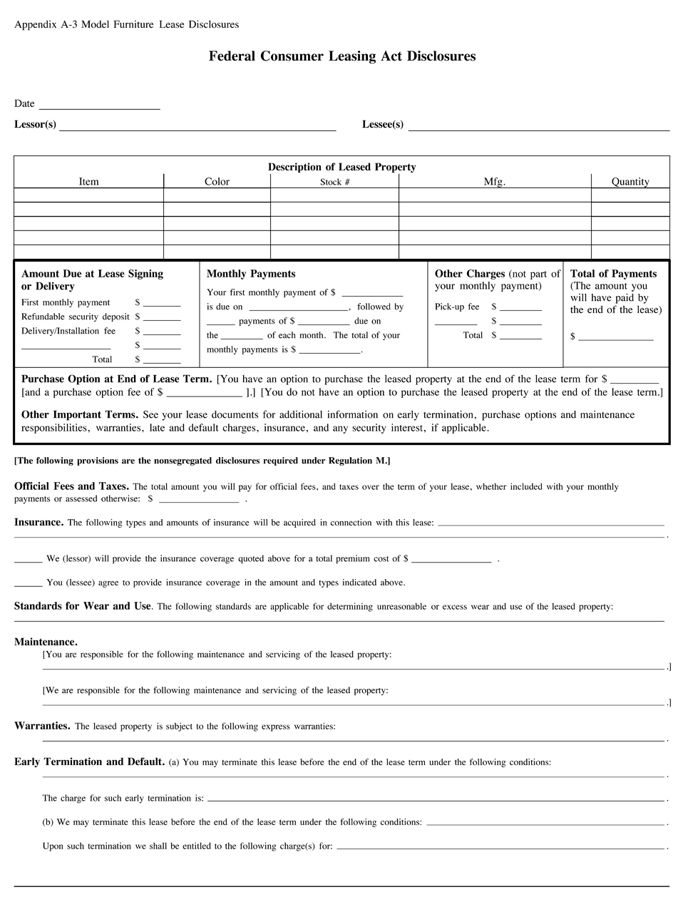 A-3—Model Furniture Lease Disclosures Page 1