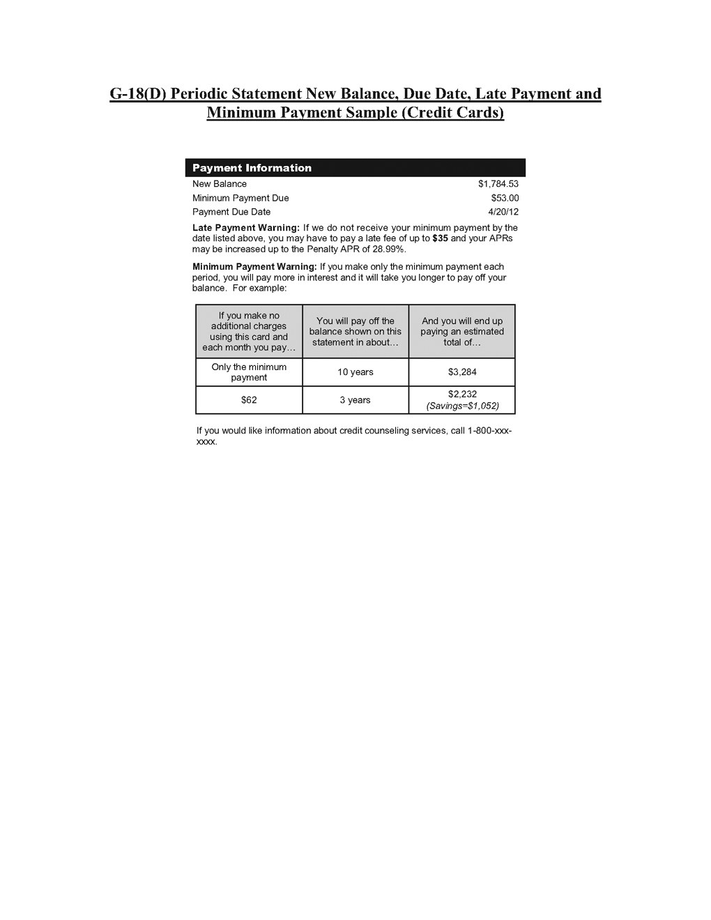 G-18(D)—Periodic Statement New Balance, Due Date, Late Payment and Minimum Payment Sample (Credit Cards)