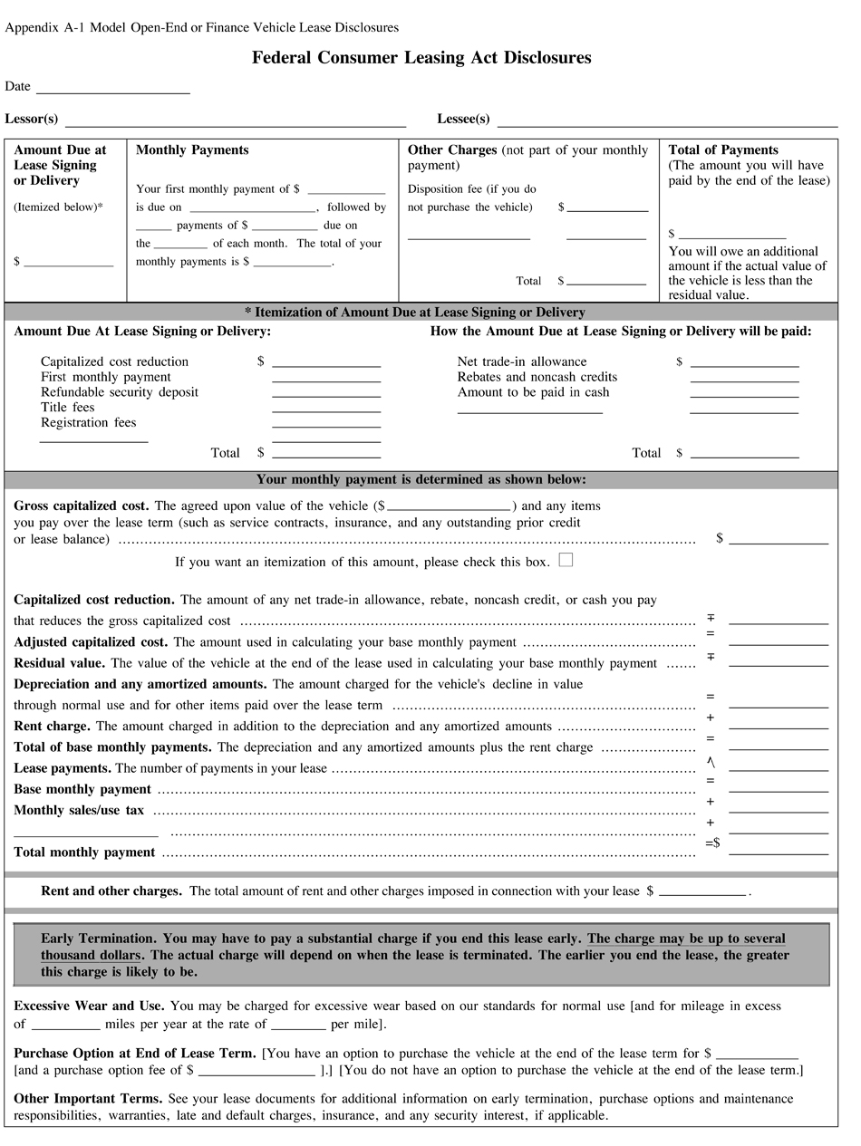 A-1—Model Open-End or Finance Vehicle Lease Disclosures Page 1