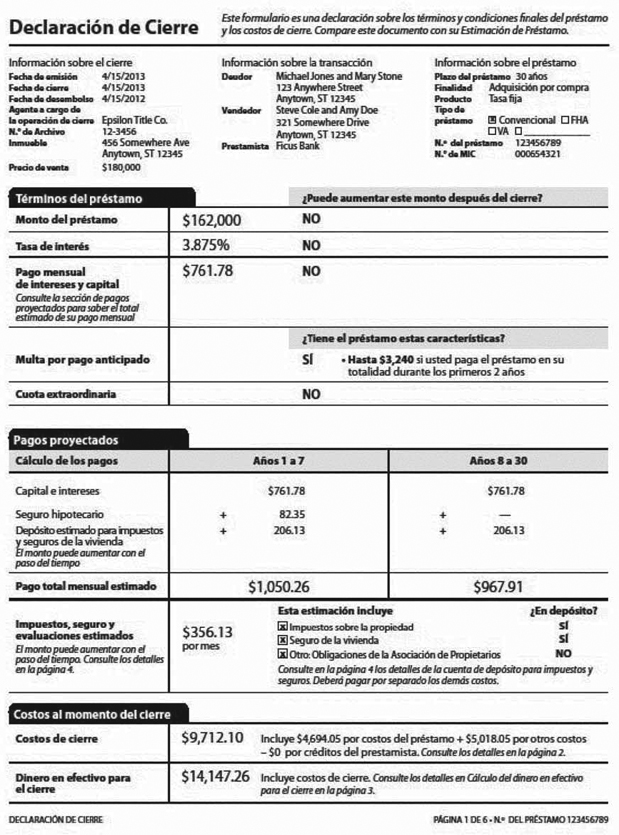 H-28(G)—Mortgage Loan Transaction Closing Disclosure—Spanish Language Purchase Sample