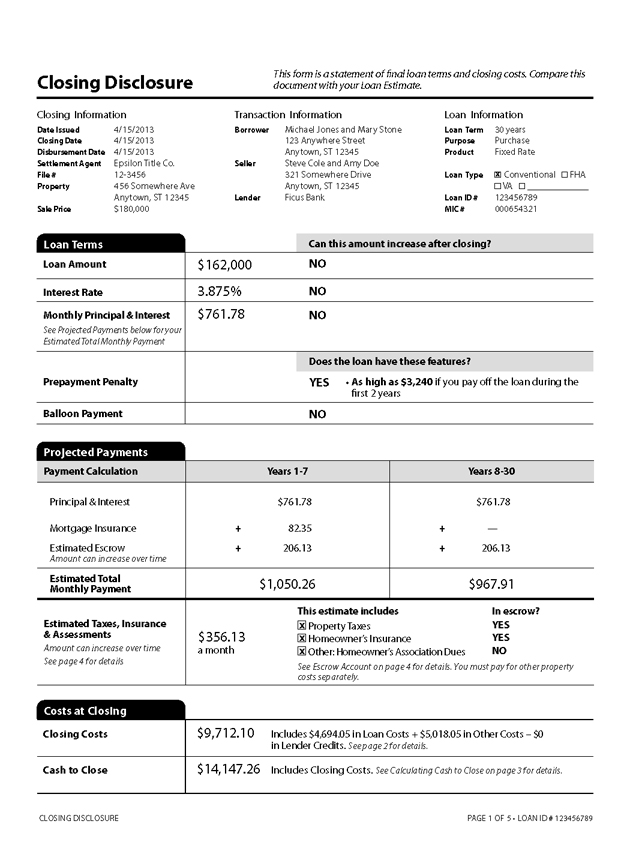 H-25(B)—Mortgage Loan Transaction Closing Disclosure—Fixed Rate Loan Sample