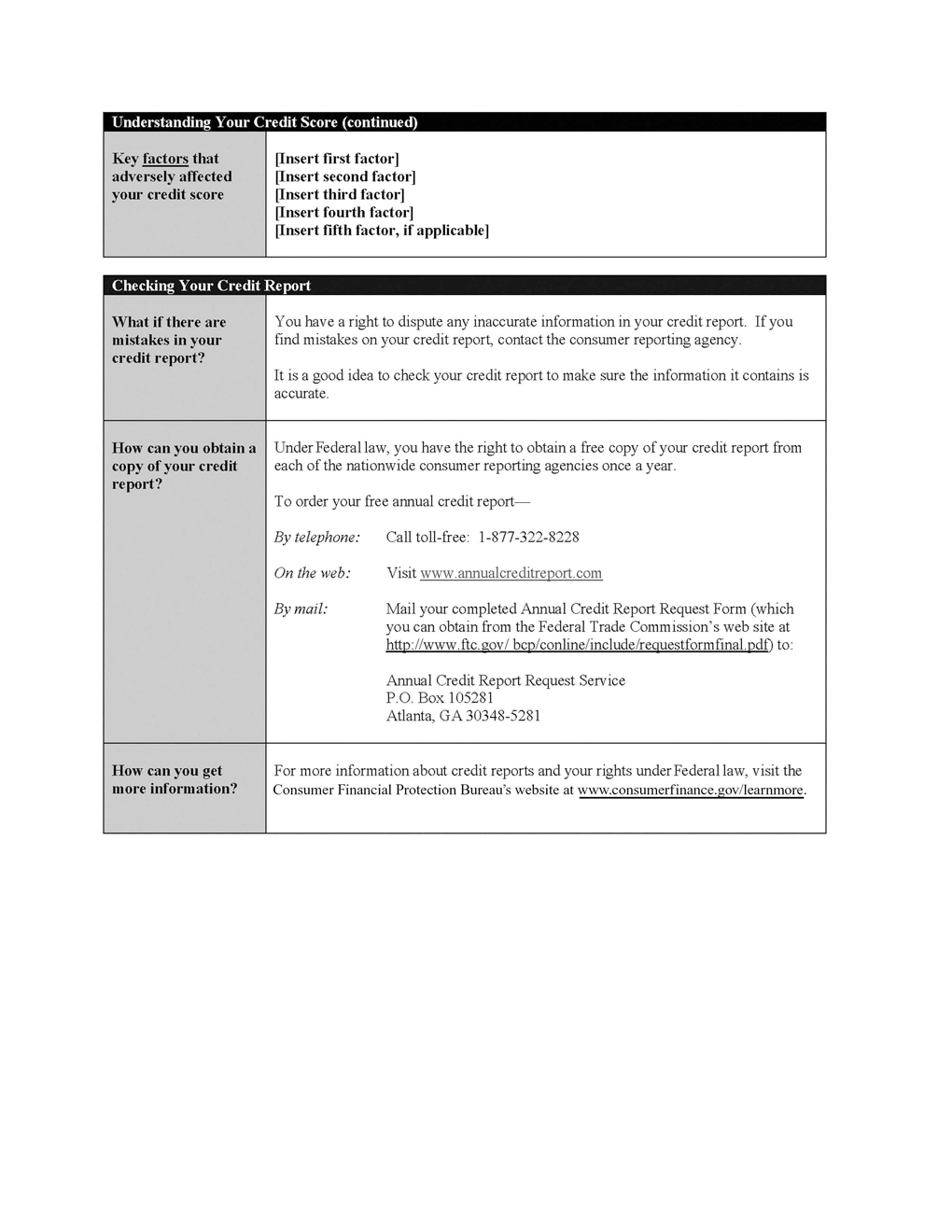 H-3—Model Form for Credit Score Disclosure Exception for Loans Secured by One to Four Units of Residential Real Property (contd.)