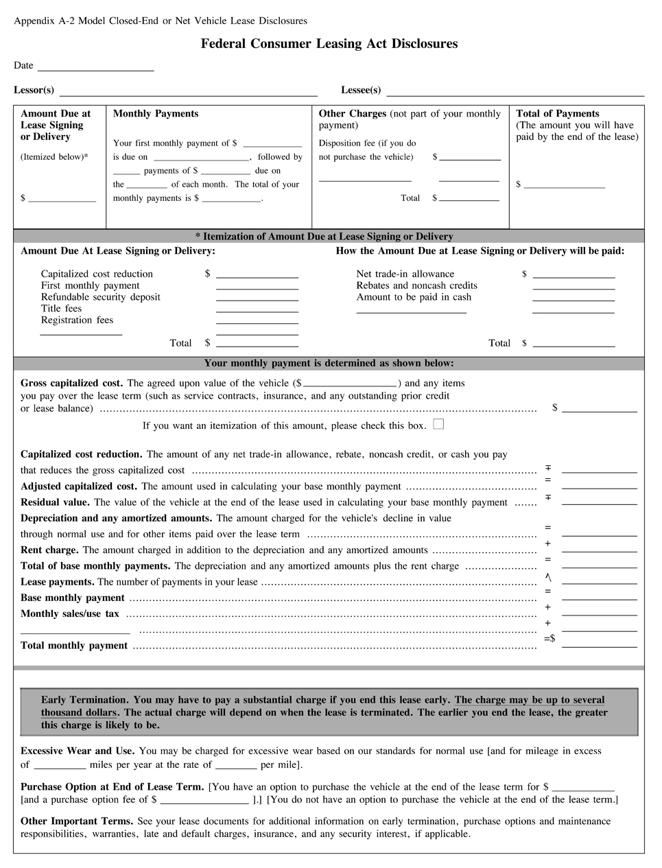 A-2—Model Closed-End or Net Vehicle Lease Disclosures Page 1