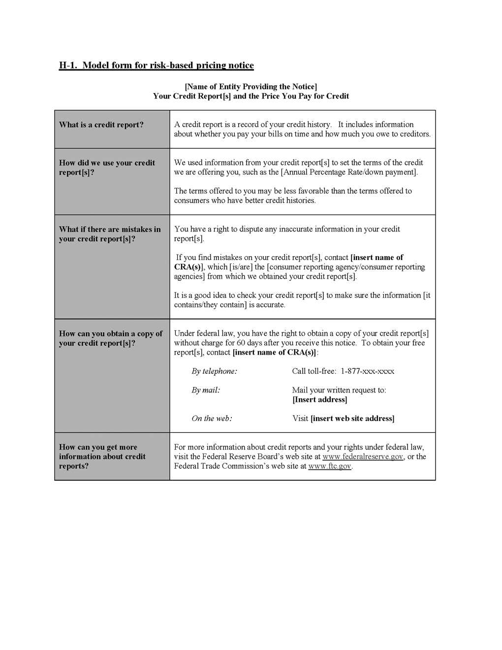 H-1. Model form for risk-based pricing notice