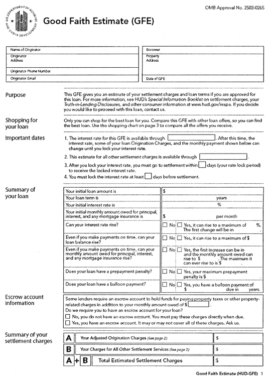 Good Faith Estimate (GFE) Form