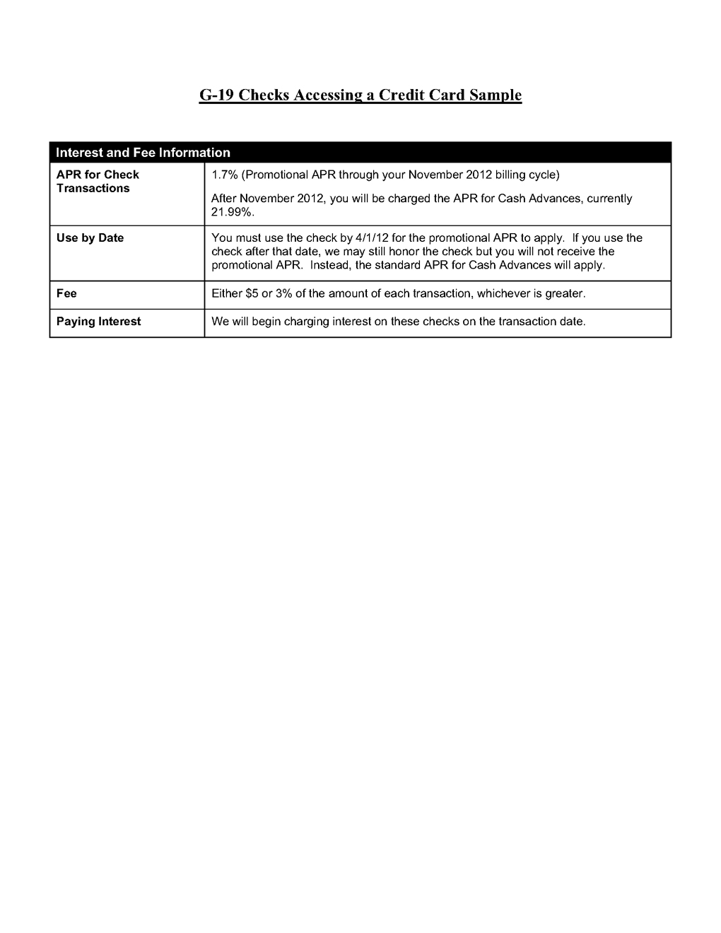 G-19 Checks Accessing a Credit Card Sample